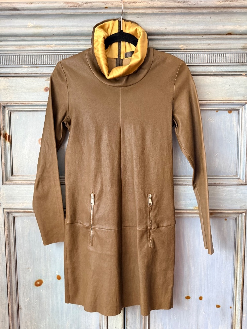 Stouls Lamb Skin Cowl Neck Leather Mini Dress With Zipper Pockets Khaki Size S